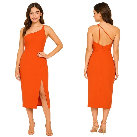 Hello Molly Dresses & Skirts - Hello‎ Molly Dress Large Orange One-Shoulder Midi Fitted Slit Padded Bust Bold